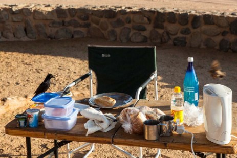 Vogel bei Frühstück am Sesriem Campingplatz